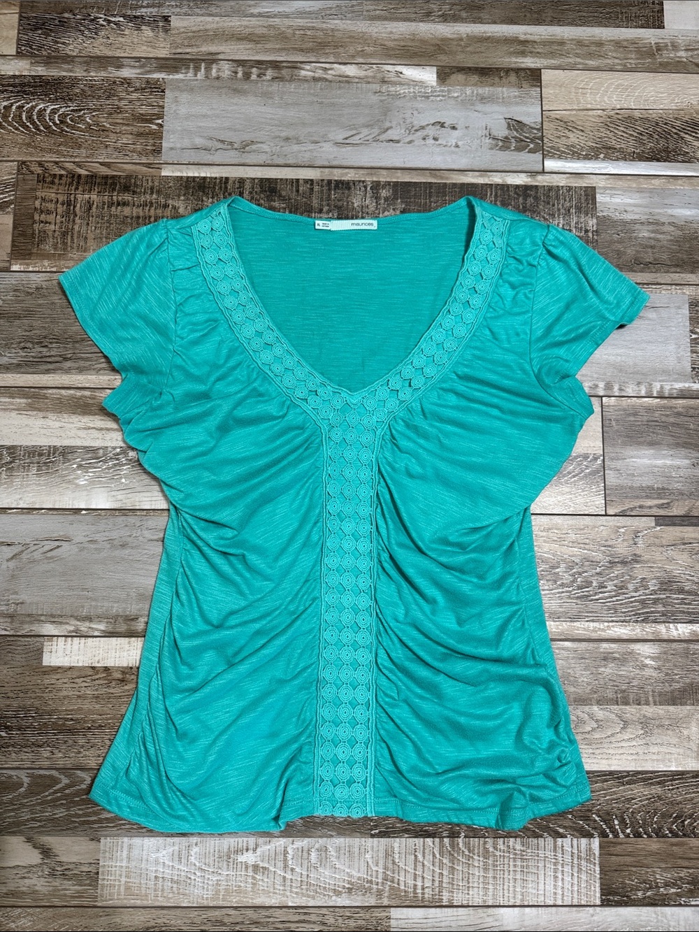 Maurices Turquoise V-Neck Lace-Trim Flutter Sleeve Top